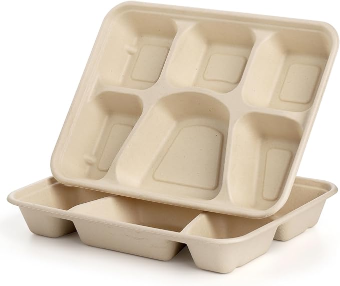 Peohud 50 Pack 6 Compartment Disposable Paper Plates, Bagasse School Lunch Tray, Heavy-Duty Sugarcane Plates, Microwavable Safe