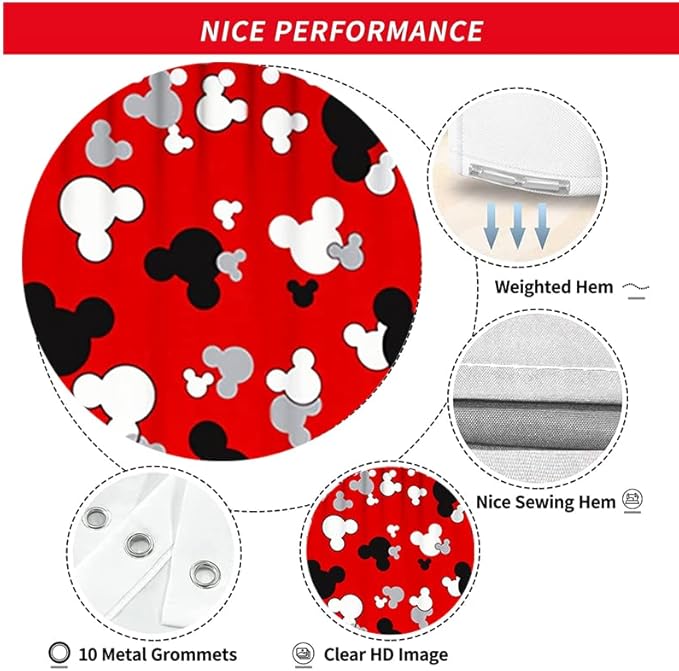 Cartoon Mouse Head Shower Curtain - Kids Bath Curtain Sets - Red Waterproof Polyester Home Bathtub Decor with 12 Hooks ，72x72 Inch