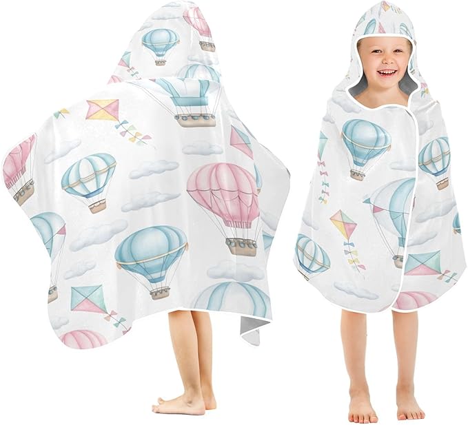 CEBUGI Hot Air Balloons Hooded Bath Towel for Kids Absorbent Soft Bath Towel Wrap with Hood 50x23.5in Pool Beach Shower Towel for Boys Girls