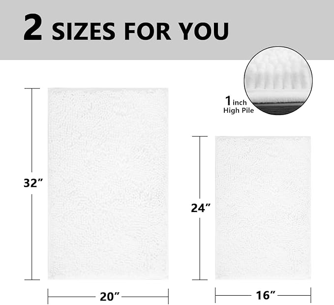 BOANKODU White Bathroom Rugs Sets 2 Piece, Soft Chenille Bath Mat Absorbent Bathroom Rug, Bathroom Mat with PVC Non-Slip Bottom, Machine Washable Bath Rugs (32x20 Inch + 24x16 Inch, White)