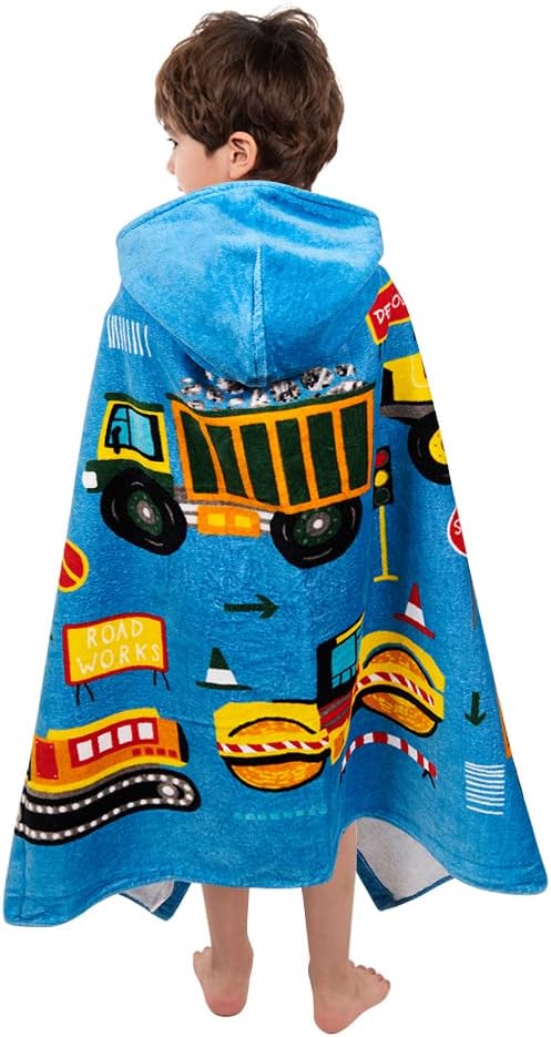 Florica Kids Hooded Bath Beach Towel Girls Boys, Super Absorbent & Soft Towel Poncho for Shower/Beach/Pool Child Cover ups 50"x30" Large Towel Wrap (Blue Vehicle)