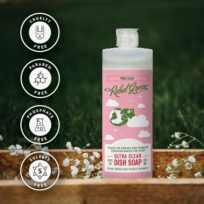 Rebel Green Super Deluxe Dish Soap - Natural Dishwashing Soap - Liquid Dish Detergent - Sustainable Dish Liquid Scented with Pink Lilac - (16 oz Bottles, 4 Pack)
