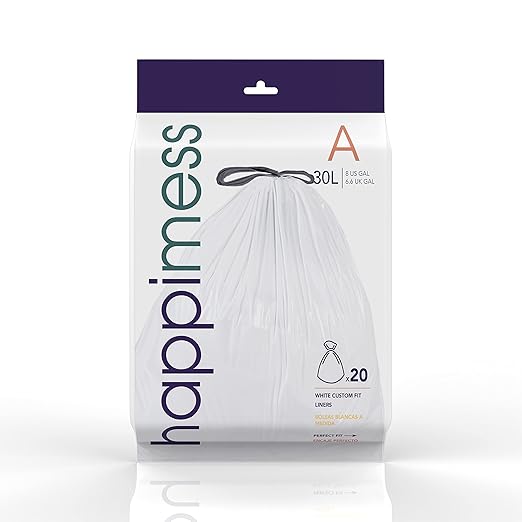 happimess 8 Gallon (30L) Drawstring Trash Bags, Unscented, White, Heavy Duty LDPE Liners for Kitchen and Household, Custom Fit 80 Count (4 Packs of 20 Liners) HPM3000A-W-4SET