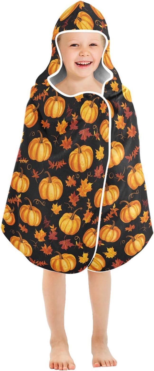 Kids Hooded Beach Towel Autumn Pumpkin Fall Maple Leaf Thanksgiving Hooded Boys Girls Towel Soft Bath Towels with Hood