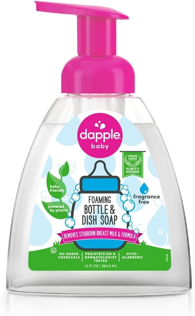 Dapple Baby Fragrance-Free Foaming Baby Bottle & Dish Soap - 13 fl oz - Cleans Bottles, Sippy Cups, Pacifiers, Breast Pumps, & More - Gently Removes Milk Film & Odors - Fragrance Free