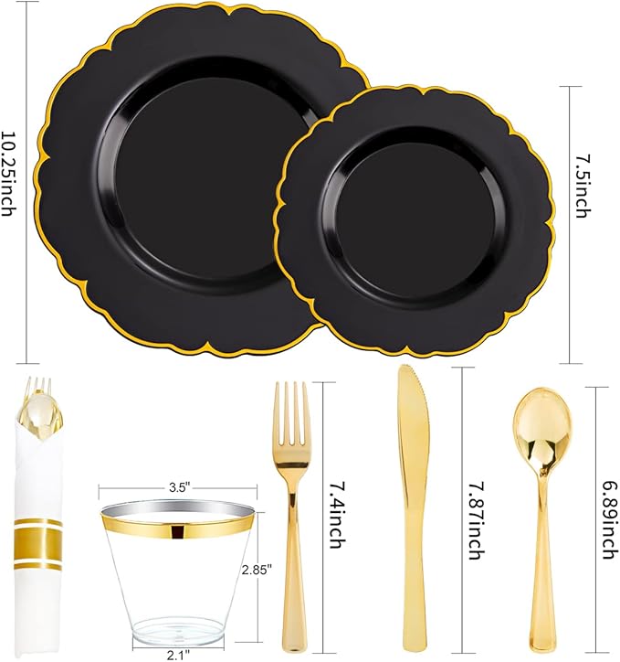 Morejoy 175PCS Black and Gold Plastic Plates, Black Plastic Dinnerware Set for 25 Guests,Include 25 Dinner Plates, 25 Dessert Plates, 25 Cups, 25 Pre Rolled Napkins with Gold Silverware for Party