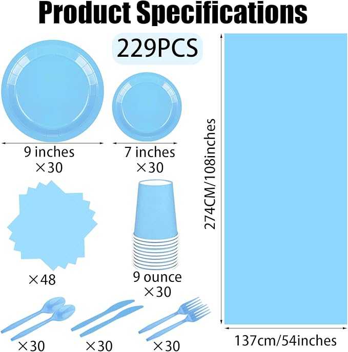 229PCS Light Blue Party Supplies Set Paper Disposable Plates Cups Plastic Spoons Forks Knives Light Blue Napkins for 30 Guests Disposable Party Dinnerware Sets for Wedding Birthday Parties