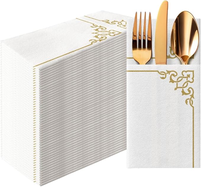 PAW - Linen Feel Napkins with Built-in Flatware Pocket, Soft and Absorbent Paper Pre-Folded Napkins with Gold Frame, Elegant Guest Towels, Wedding Party, Dinner, Birthday, Gatherings, 50 Count