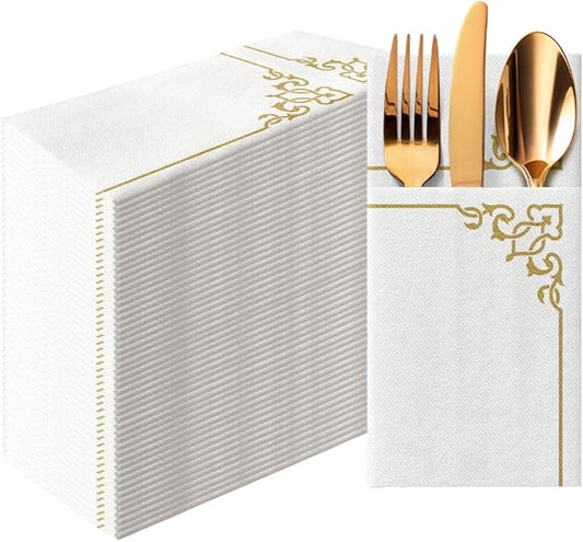 PAW - Linen Feel Napkins with Built-in Flatware Pocket, Soft and Absorbent Paper Pre-Folded Napkins with Gold Frame, Elegant Guest Towels, Wedding Party, Dinner, Birthday, Gatherings, 50 Count