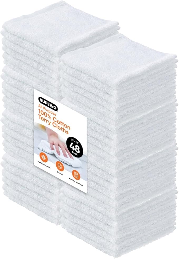 Superio Terry Cloth Rags White Washcloths 100% Cotton 12" Cleaning Cloths, Kitchen Towels, Facial Washcloth, Spa Cloths, Hand Towel, Small Lint Free Rags for Multi-Purposes, 48 Pack