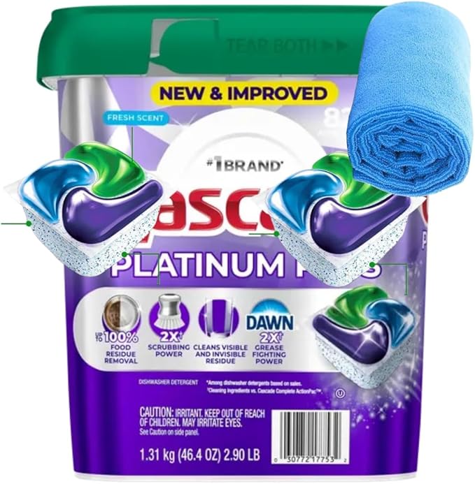 Platinum Dishwasher Detergent Action Fresh Scent, 82 Count with Microfiber Towel (82 Count(1 Pack))