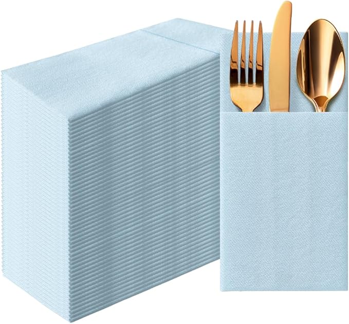 PAW - Baby Blue Linen Feel Napkins with Built-in Flatware Pocket, Airlaid Paper Pre-Folded Napkins for Silverware, Baby Shower, Gender Reveal, Wedding Party, Birthday, Monocolor, 50 Count