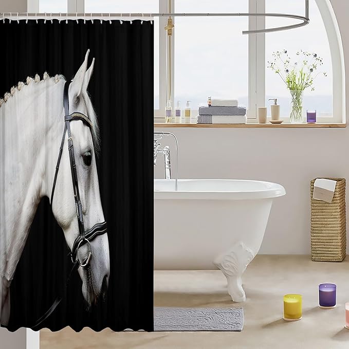 Horse Shower Curtain Galloping Horse Printed Bathroom Shower Curtain Set for Stalls Bathtubs 3D Wild Animal Bath Curtain Farmhouse Theme Waterproof Bathroom Curtains Black White Room Decor 72x72 Inch