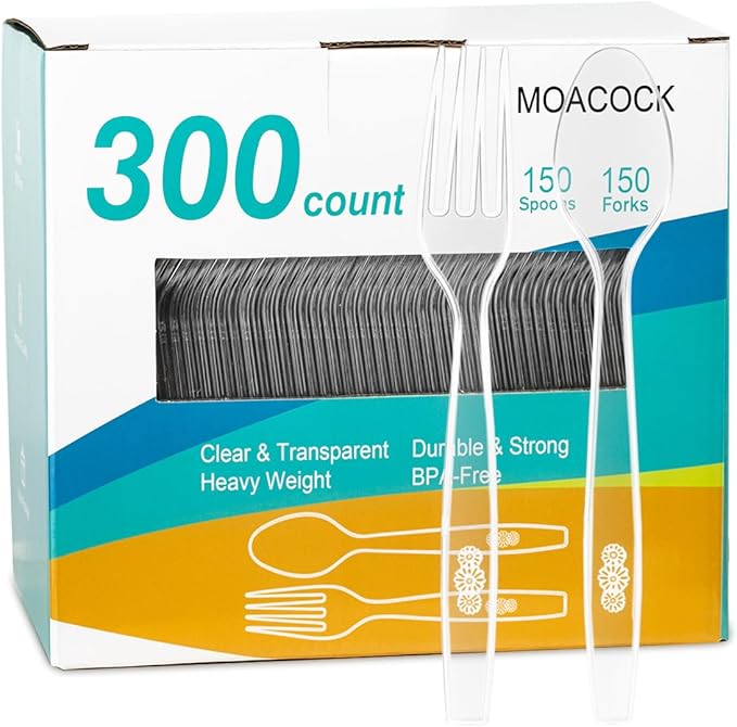 MOACOCK 300 Count Plastic Silverware, Heavy Weight Plastic Forks Spoons Disposable Utensils Cutlery Set for Wedding Party Supplies Everyday Use
