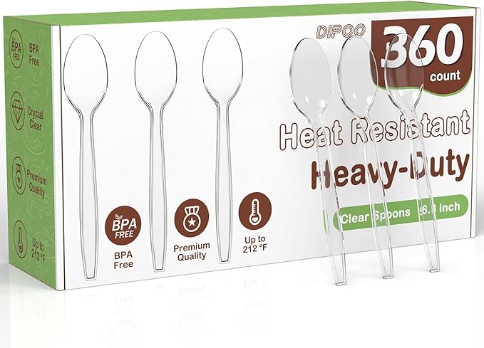 360pc 6.8" Clear Plastic Spoons Heavy Duty with Heat Resistant & BPA Free, Solid and Durable Plastic Cutlery, Premium Disposable Spoons for Party Supply