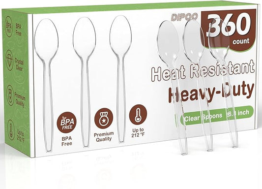 360pc 6.8" Clear Plastic Spoons Heavy Duty with Heat Resistant & BPA Free, Solid and Durable Plastic Cutlery, Premium Disposable Spoons for Party Supply