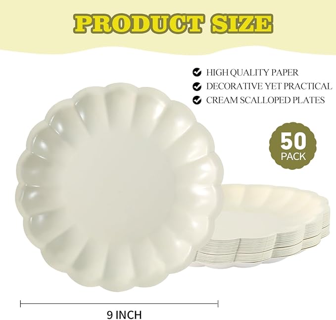 BHHQHH 50Pcs Disposable Scalloped Paper Plates Shell Edge Dinner Paper Plates for Wedding Baby Shower Birthday Party Bridal Party Supplies(9 Inch)