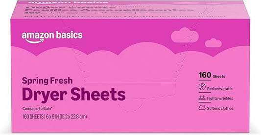 Amazon Basics Dryer Sheets Laundry Fabric Softener, Spring Fresh Scent, Reduces Static, Static Control, 160 Count