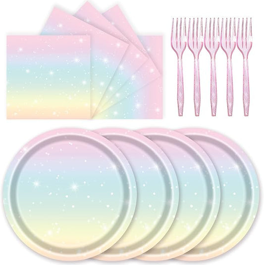 72 Pcs Pastel Rainbow Paper Plates 7in Disposable Birthday Dessert Plates Napkins and Forks Party Tableware Set Decoration Supplies for Girls Birthday Baby Shower Wedding Graduation Party, Serve 24