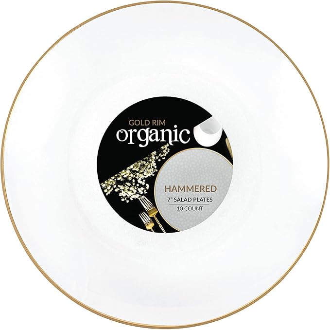 PLASTICPRO 30 Pack Hammered Plastic Plates Heavyweight Disposable Plastic Plates Elegant Transparent White Hammered Gold Rim Platsic Party Dishes (Transparent White With Gold Rim, 7'' INCH PLATES)