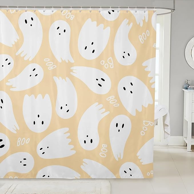 Happy Halloween Theme Shower Curtains,Yellow Cartoon Style Bath Curtain,Cute Ghost Cloth Fabric Bathroom Decor Set with Hooks,78" Long