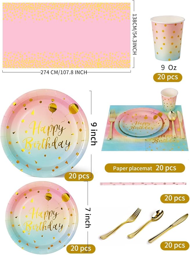 Nkaiso Birthday Party Tableware, 161 Pieces Rainbow gold Party Supplies, Party Dinnerware Sets Include Paper Plates Napkins Cups Silverware, for Shower Engagement Parties Decoration -20 Serves