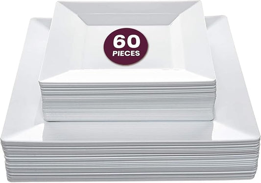 Aya's 60ct Square Plastic Disposable Plates, White - 9.5-Inch 30 Dinner and 6.5-Inch 30 Salad Plates for Party - Heavy-Duty Hard Plastic Design for Wedding, Event, Christmas, and Thanksgiving
