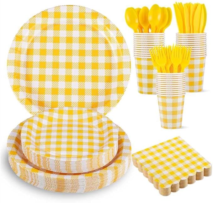 NatNarr 175 Pcs Gingham Party Supplies Include Yellow Gingham Plates and Napkins Cups Plastic Cutlery Disposable Yellow Checkered Plates Set for Golf Master Party, Picnic, Baby Shower