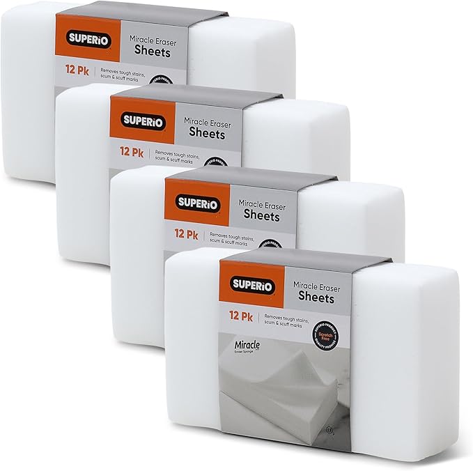 Superio Miracle Eraser Thin Sheets - 12 Count - Multi-Surface Cleaning Pads, No Chemicals Needed, Scratch-Free