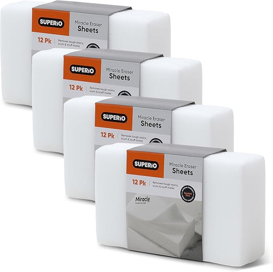 Superio Miracle Eraser Thin Sheets - 12 Count - Multi-Surface Cleaning Pads, No Chemicals Needed, Scratch-Free
