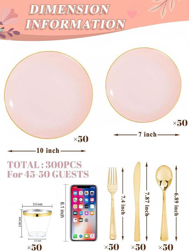 WDF 300Pcs Pink Plates Disposable - Pink and Gold Plastic Dinnerware Set for 50 Guests Include 50 Dinner & Cake Plates & 50 Disposable Cutlery & 50 9oz Cups for Wedding/Baby Shower/Birthday