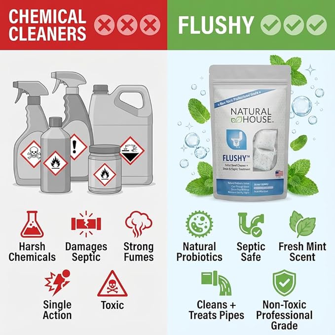 Natural House Flushy - Plant-Based Enzyme Foaming Toilet Bowl Cleaner - Removes Hard Water Stains, Calcium, Rust - Septic-Compatible, Plumbing-Friendly - Fresh Mint Scent - 20 Pack