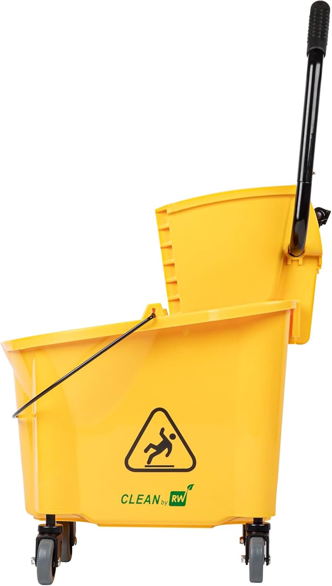 Restaurantware RW Clean 38 Quart Industrial Mop Bucket 1 Combo Mop Wringer Bucket - With Side Press Wringer Built-In Casters Yellow Plastic Commercial Mop Bucket Carry Handle For Commercial Use