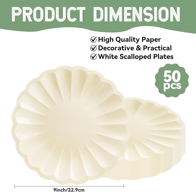 50Pcs Large Scalloped Cream Paper Plates 9Inch Shell Edge Dinner Plates for Cake Salad Fruit Disposable Dinner Serving Plates for Birthday Wedding Baby Shower Party Decorations