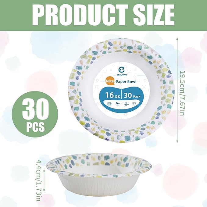 30 Pack Paper Bowls, 16 Oz Disposable Soup Bowl, Heavy Duty Printed Disposable Bowls Bulk For Snacks, Dessert, Breakfast, Lunch And Dinner Meals (Green)