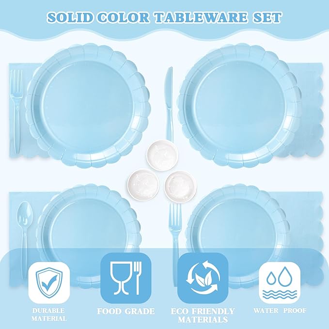 Vyntra 175 Pcs Light Blue Disposable Paper Plates and Napkins Set for 25, 9" Dinner Plates & 7" Dessert Plates, Tableware for Baby Shower, Birthday, Picnic, Party