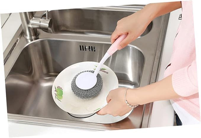 Dishwashing Brush with Handle Wire Ball Scrubber Non-Slip Grip for Cleaning Pots Pans Glasses Kitchen Tools Pink 9.84X3.54X0.39In
