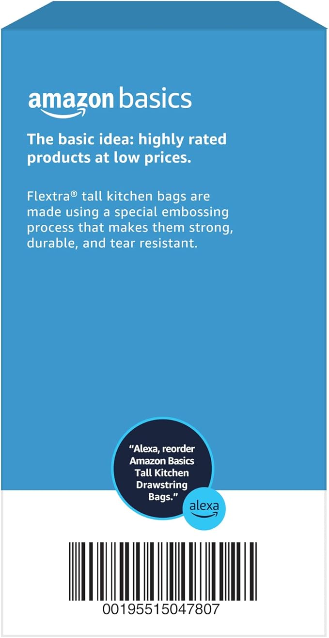 Amazon Basics 13 Gallon Tall Kitchen Drawstring Trash Bags, Flextra Strength, Tear Resistant, 10% Post Consumer Recycled, 90 Count, White