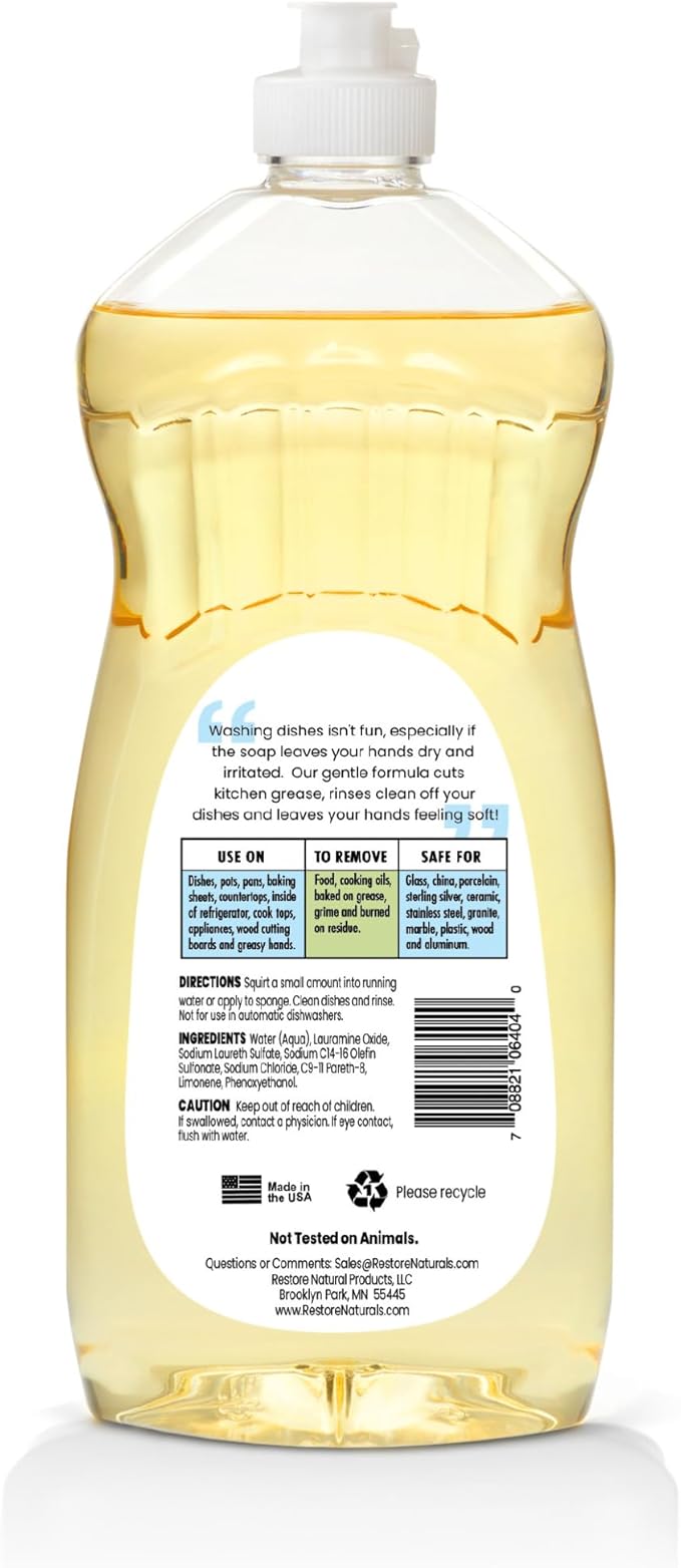 Restore Naturals Non Toxic Liquid Dish Soap - 25 Fl Oz - Plant Based | Biodegradable | Gentle Formula | Cruelty Free | Made in the USA - 2 Pack