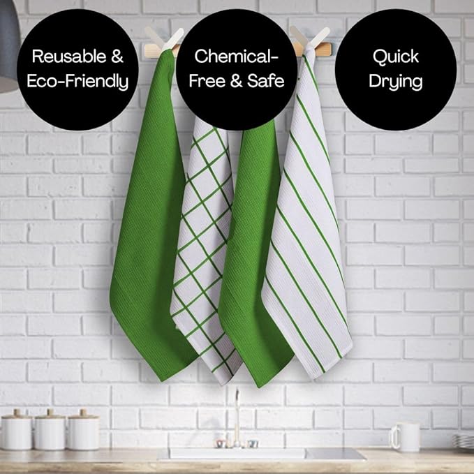 Assorted Waffle Kitchen Dish Towels 100% Cotton Set of 6, Soft Absorbent Quick Drying Table and Kitchen Linen, Tea Towels and Cleaning Towels with Hanging Loop, Dish Towels 15x25 Green