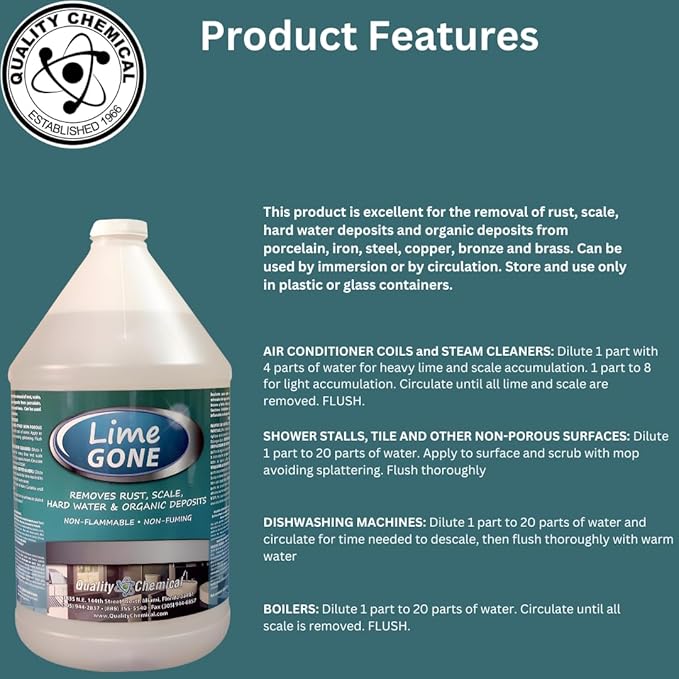 Quality Chemical Lime-Gone Remover - Calcium, Lime and Hard Water Stain Remover for Bathroom, Shower and Tile - Lime a Way - 128 oz (Pack of 4)