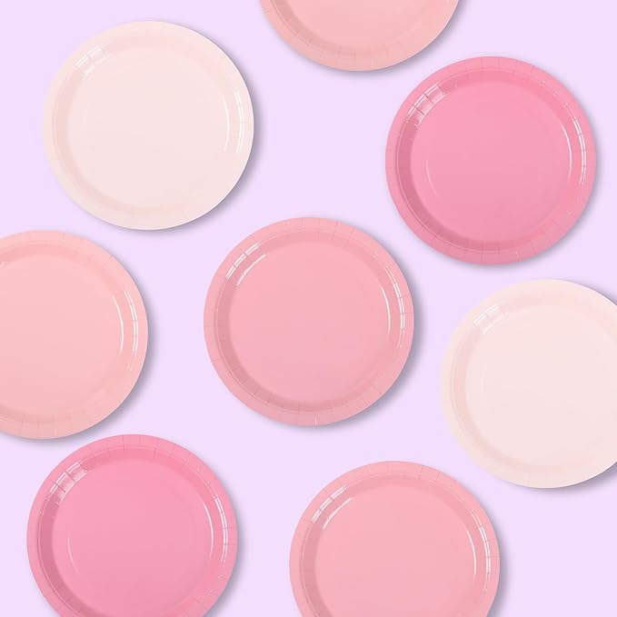 AimFun Gradient Pink Paper Plates 9 Inch Disposable Round Dinner Plates for Coquette Birthday Wedding Baby Bridal Shower Bow Christmas Party Supplies (24, Pink)