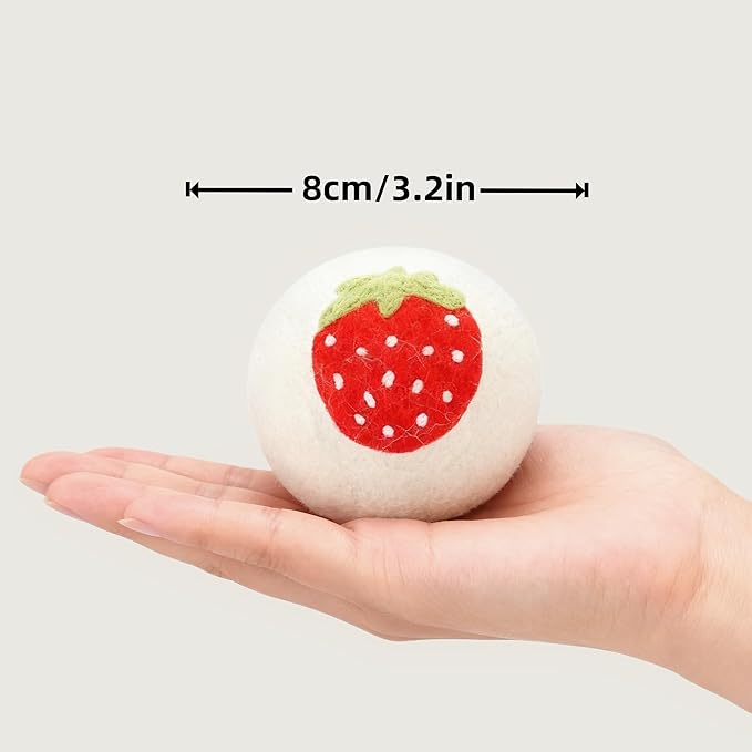 Wool Dryer Balls，New Zealand Wool Laundry Balls for Dryer (Pack of 6, Strawberry Handmade Pattern)，Softens Clothes,Naturally Reduces Drying Time and Static Electricity