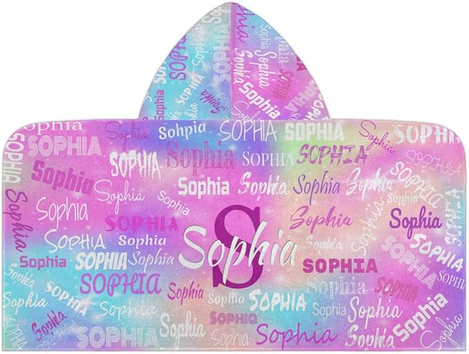 Custom Name Hooded Towels Bath Towels for Kids Toddler Infant Absorbent Bath Shower Gifts for Boy and Girl 24 x 50 Inch, Colorful Pink Blue Watercolor