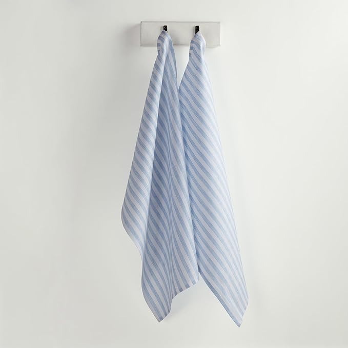 Solino Home Sky Blue and White Linen Kitchen Towels Set of 2-100% Pure Linen 17 x 26 Inch Amalfi Stripe Tea Towels with Hanging Loop - European Flax Kitchen Dish Cloth- Quick Dry & Machine Washable