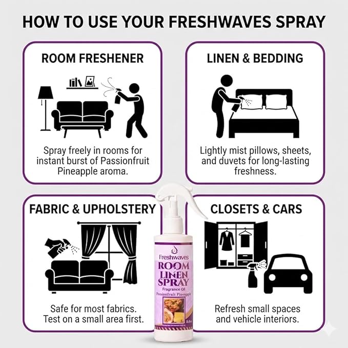 Freshwaves Room & Linen Spray | Passionfruit Pineapple Fragrance Oil | 8.8oz Air Freshener | Odor Eliminator | Room Spray for Living Room, Bedroom, Bathroom & Office | White Trigger Bottle