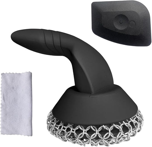 Cast Iron Scrubber with Pan Scraper & Towl, 316 Chainmail Scrubber with Long Handle, Upgraded Chain Mail Scrubber Cleaner for Grill Pan Skillet Wok Carbon Steel Dutch Oven Metal Brush (Black)