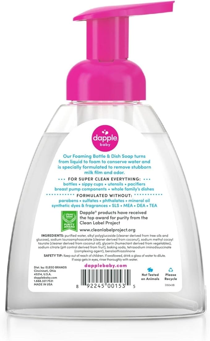Dapple Baby Fragrance-Free Foaming Baby Bottle & Dish Soap - 13 fl oz - Cleans Bottles, Sippy Cups, Pacifiers, Breast Pumps, & More - Gently Removes Milk Film & Odors - Fragrance Free