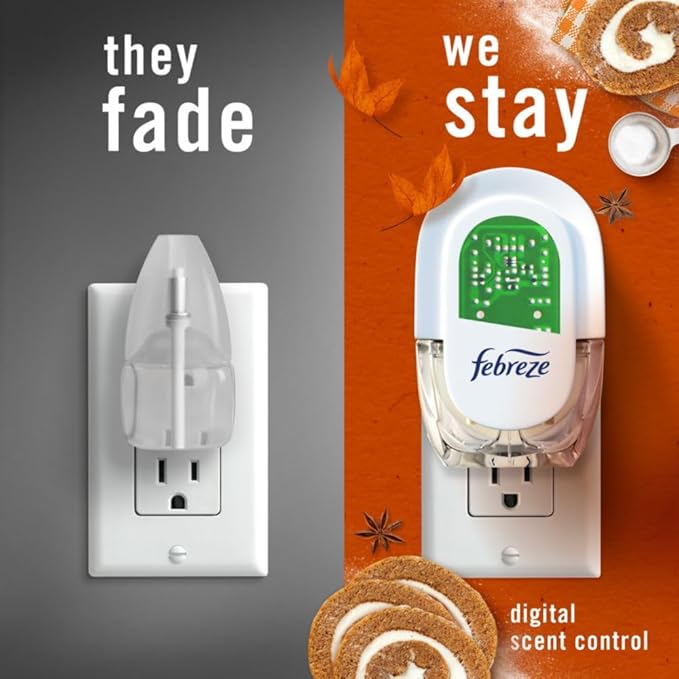 Febreze Plug In Air Freshener, Odor-Fighting Scented Oil Refill, Air Fresheners for Home and Bathroom and Kitchen, Long Lasting for Strong Odors, Pumpkin Roll Scent, 0.87oz Refills, 2 Count
