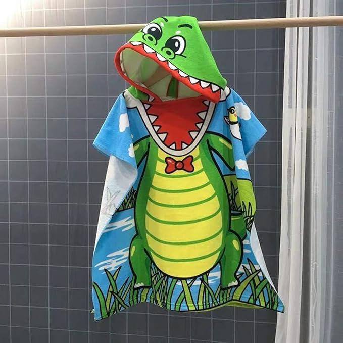 TONWHAR Soft Cotton Hooded Beach Towel Poncho for Kids Bath Pool Beach Swim Boys Girls Cartoon Cover-up Cape (Crocodile)